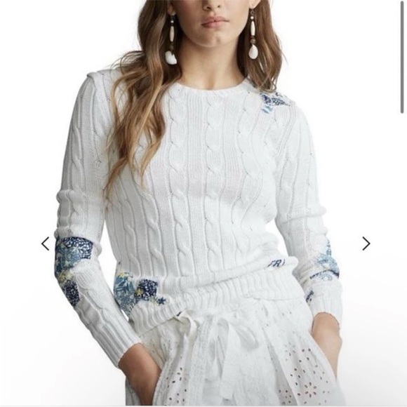 Polo Ralph Lauren Patchwork Cable Knit Sweater Womens Sz Medium Pima Cotton CD3 - Picture 2 of 8